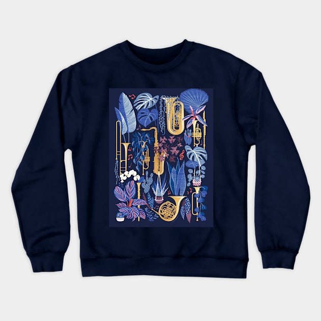 Music to my eyes - oxford navy blue background gold textured musical instruments blue indoor plants coral music notes Crewneck Sweatshirt by SelmaCardoso